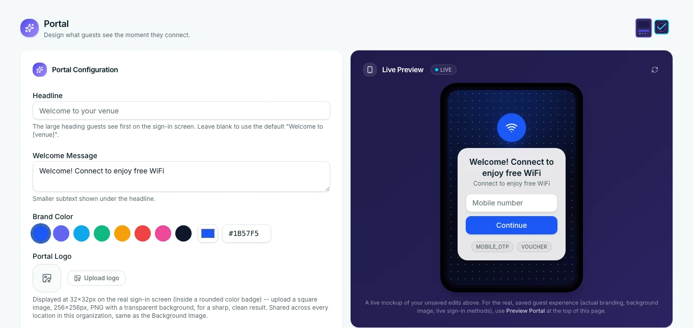 Wyfy Guest Portal सेटिंग स्क्रीन: हेडलाइन, वेलकम मैसेज, और रंग की फील्ड, साथ में लाइव मोबाइल प्रीव्यू