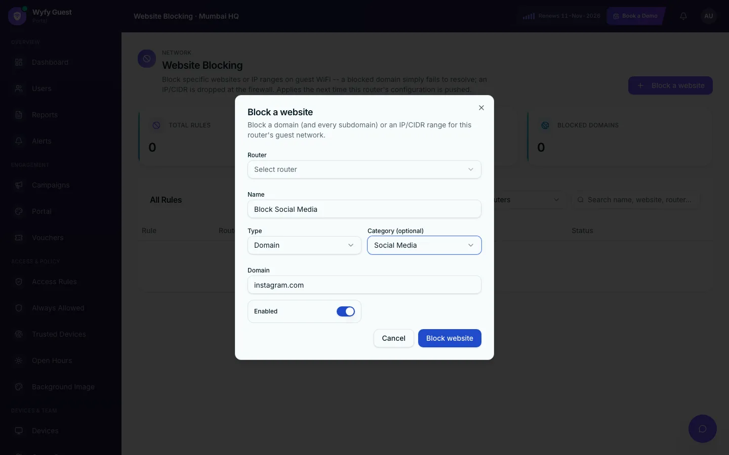 Wyfy Guest का Website Blocking फॉर्म: instagram.com को Social Media कैटेगरी में ब्लॉक करते हुए